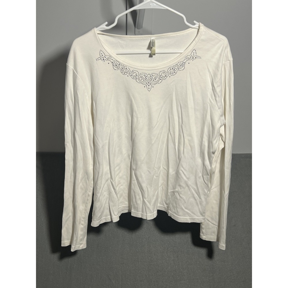 White Stag Women's White Long Sleeve Rhinestone Neckline T-Shirt Top XL (16/18)